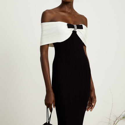 Simonetta Black and White Ribbed Knit Off-the-Shoulder Maxi Dress with Bow Detailing and Crystal Embellishments