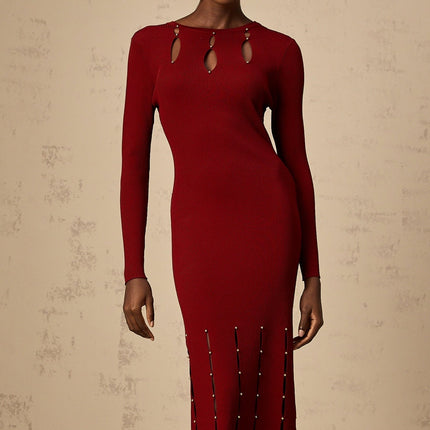 Simonetta Red Long Sleeve Midi Dress with Beaded Detail and Fringed Hem