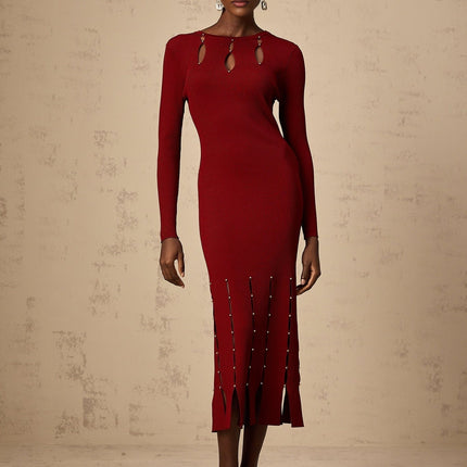 Simonetta Red Long Sleeve Midi Dress Viscose Nylon Beaded Detail Fringed Hem Round Neck Keyhole Slip-On Style