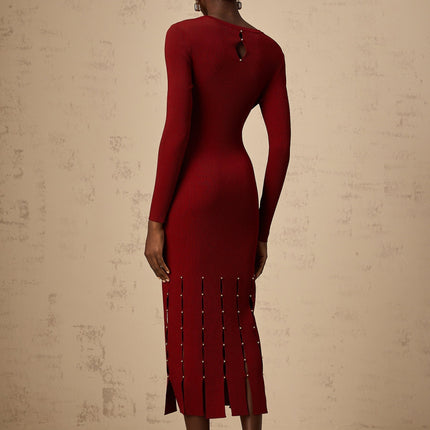 Simonetta Red Long Sleeve Midi Dress Viscose Nylon Beaded Detail Fringed Hem Round Neck Keyhole Slip-On Style Glamorous Occasion Luxury Finesse Sophistication