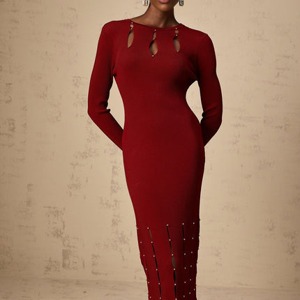 Simonetta Red Long Sleeve Midi Dress Viscose Nylon Beaded Detail Fringed Hem Keyhole Round Neck