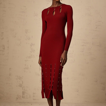 Simonetta Red Long Sleeve Midi Dress Viscose Nylon Beaded Detail Fringed Hem Round Neck Keyhole Slip-On Style