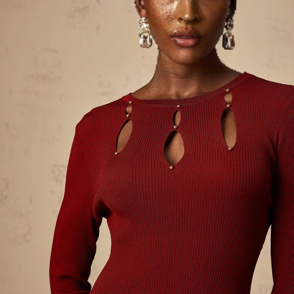 Simonetta Red Long Sleeve Midi Dress Viscose Nylon Beaded Detail Fringed Hem Round Neck Keyhole Slip-On Style Glamorous Occasion Luxury Finesse Sophistication