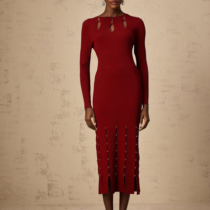 Simonetta Red Long Sleeve Midi Dress Viscose Nylon Beaded Detail Fringed Hem Round Neck Keyhole Slip-On Style Glamorous Occasion Luxury Finesse Sophistication
