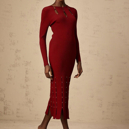 Simonetta Red Long Sleeve Midi Dress Viscose Nylon Beaded Detail Fringed Hem Keyhole