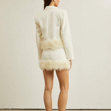 Simonetta White Blazer Skirt Feather Hem Ensemble