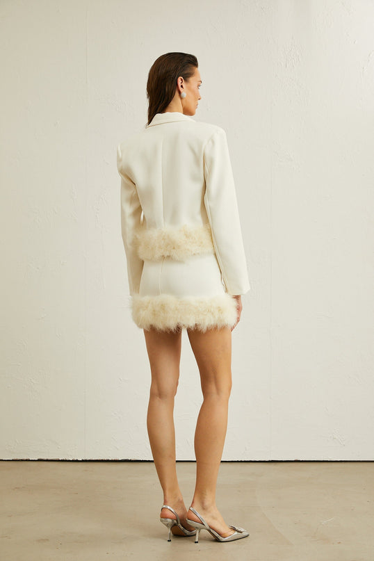 Simonetta White Blazer Skirt Feather Hem Ensemble