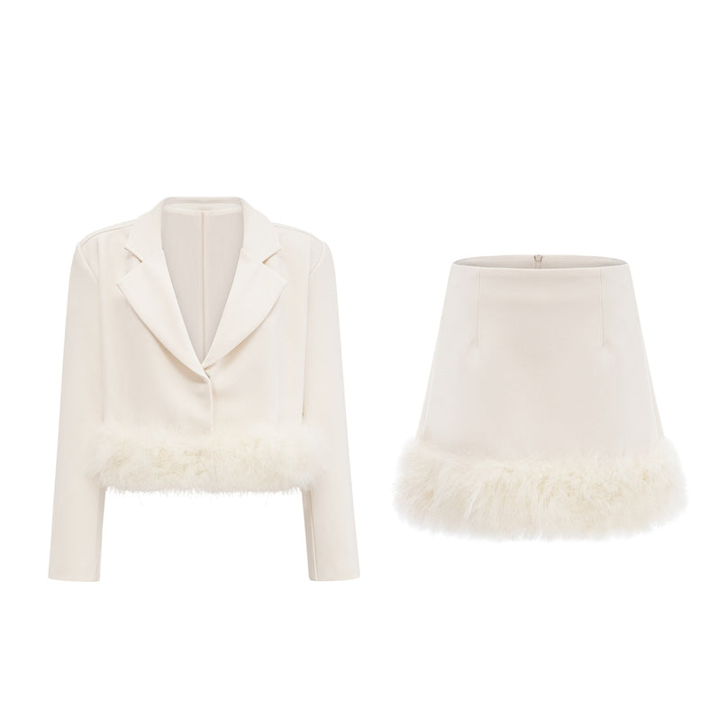 Simonetta White Blazer and Skirt Feather Hem Ensemble