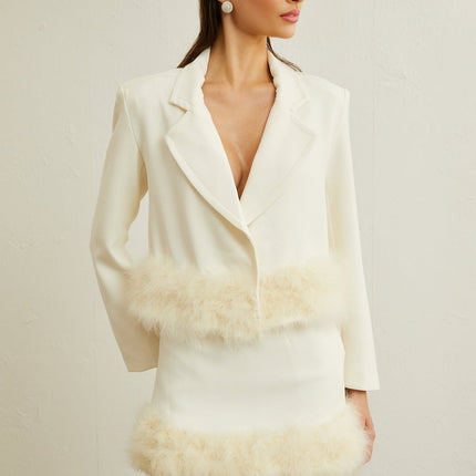 Simonetta White Blazer and Skirt Feather Hem Ensemble