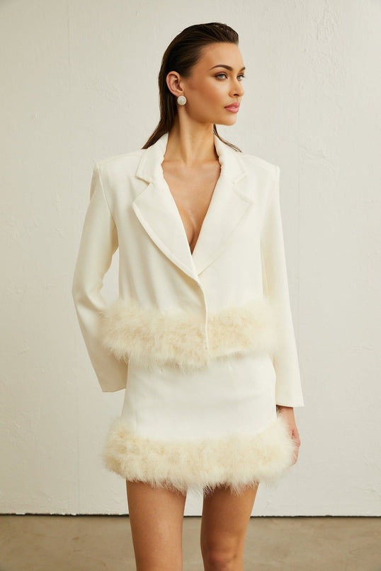 Simonetta White Blazer and Skirt Feather Hem Ensemble