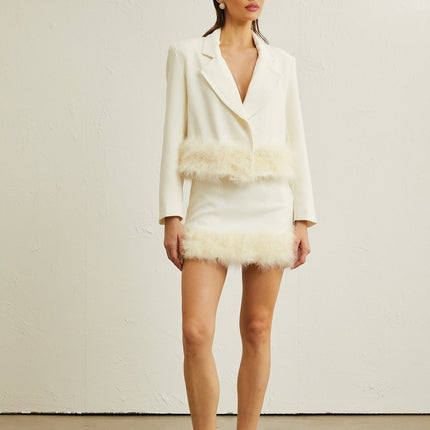 Simonetta White Blazer Skirt Feather Hem Ensemble