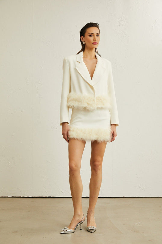 Simonetta White Blazer Skirt Feather Hem Ensemble