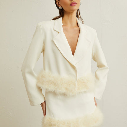 Simonetta White Blazer and Skirt Feather Hem Ensemble