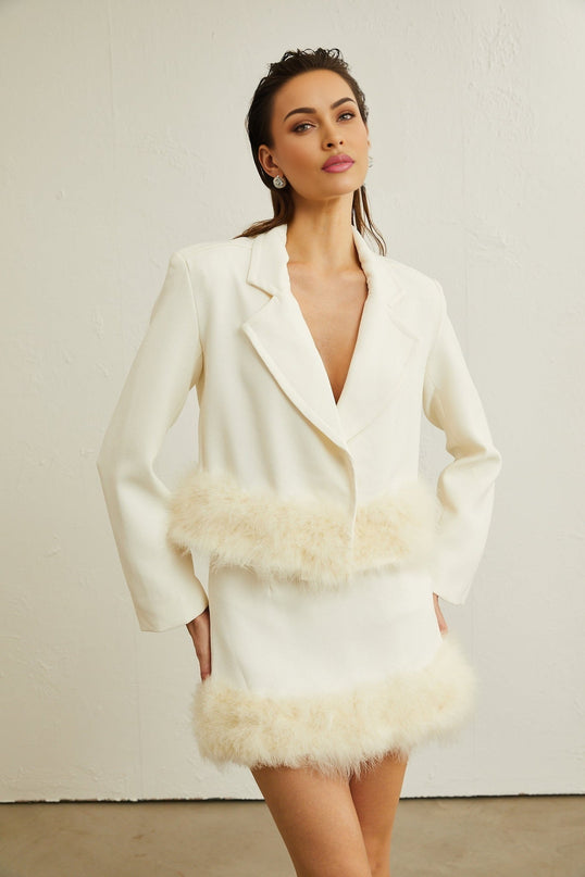 Simonetta White Blazer and Skirt Feather Hem Ensemble