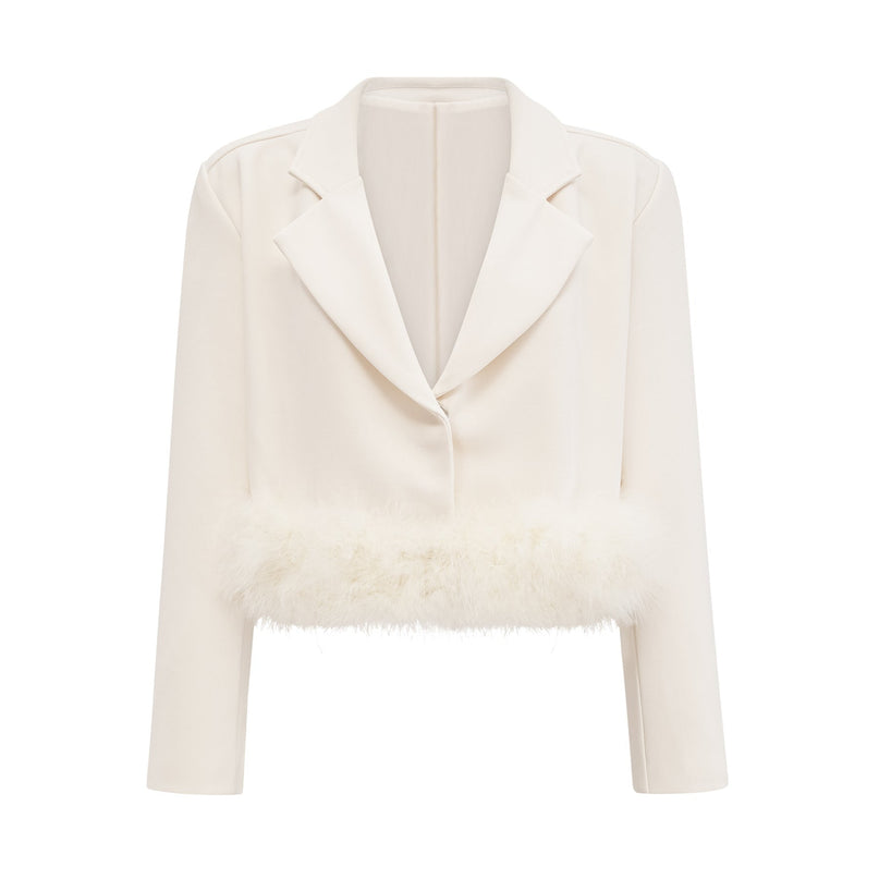Simonetta White Blazer Skirt Feather Hem Ensemble