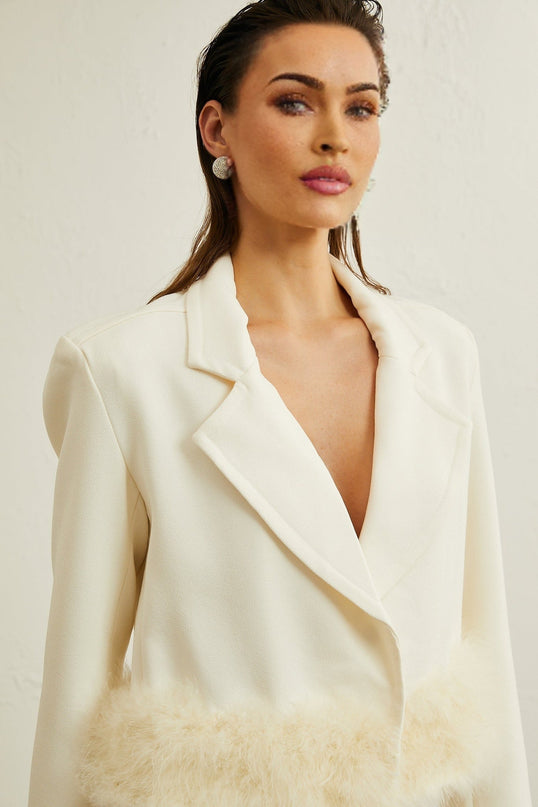 Simonetta White Blazer and Skirt Feather Hem Ensemble