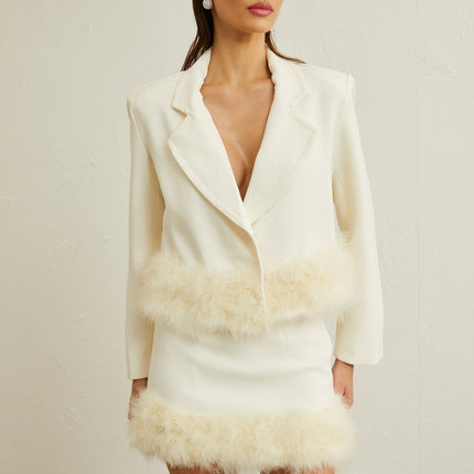 Simonetta White Blazer Skirt Feather Hem Ensemble