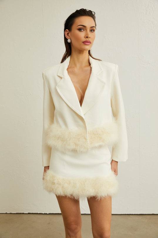 Simonetta White Blazer Skirt Feather Hem Ensemble
