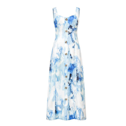 Jane wearing Sky Blue Tie-Dye Corset Denim Dress with Spaghetti Straps