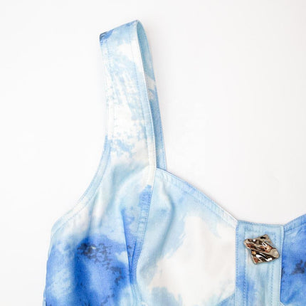 Jane wearing sky blue tie-dye corset denim dress