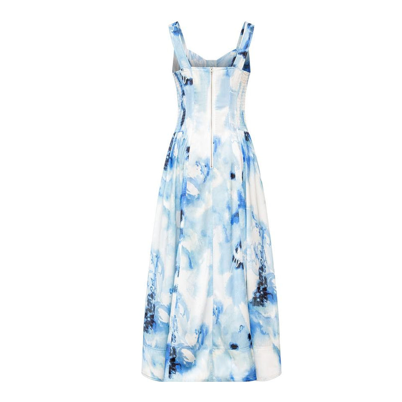 Sky Blue tie-dye corset denim dress worn by Emily