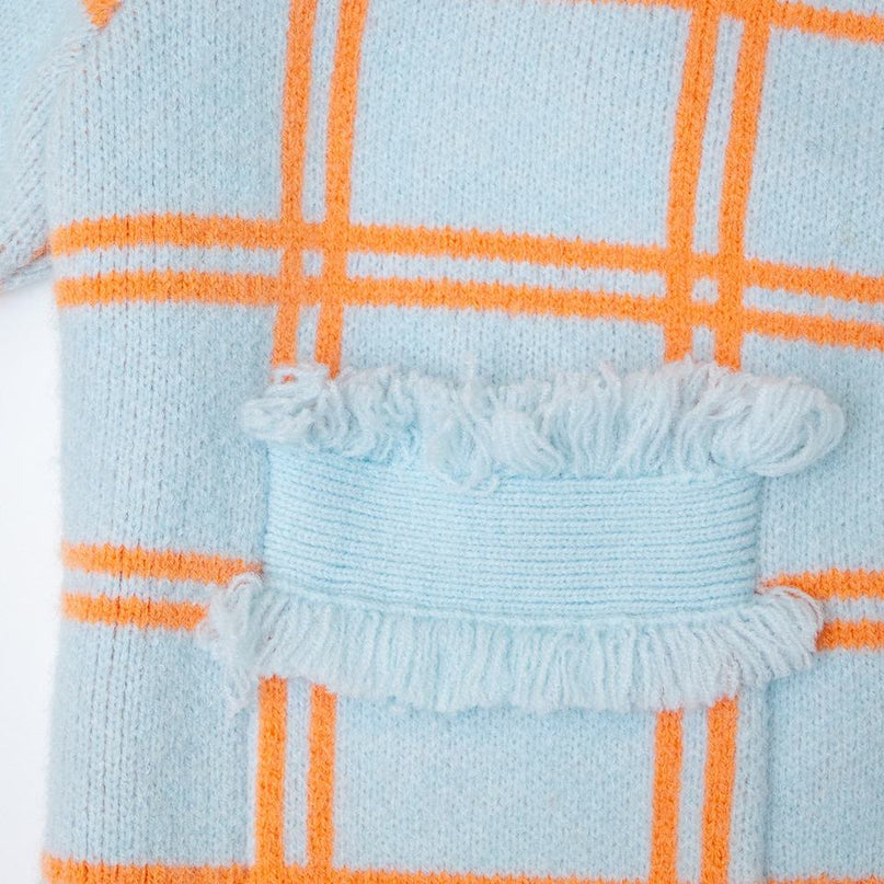 Sky Blue Women's Fringe Trim Plaid Knit Cardigan Sweater