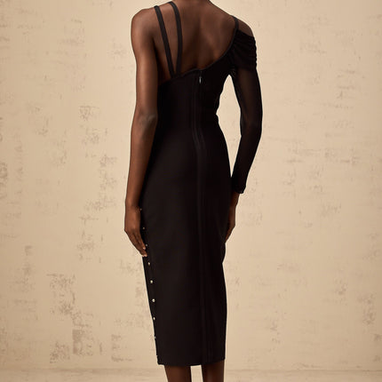 Skye Black Midi Dress with Pins Detailing and Front Slit in Luxurious Terylene Spandex Blend
