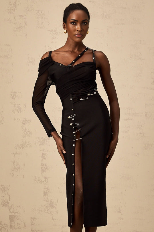 Skye Black Skirt Midi Dress with Pins detailing and front slit in luxurious Terylene and Spandex blend