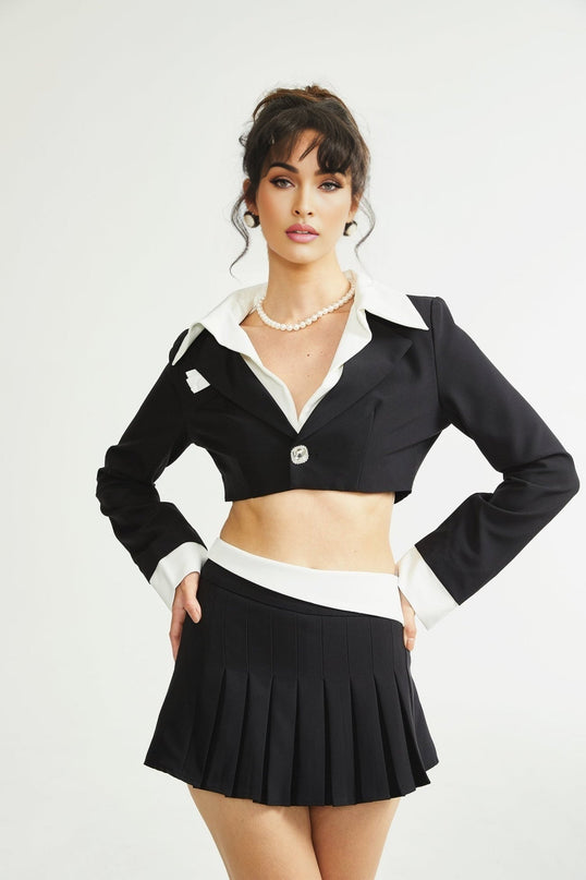 Skye Black White Skirt Jacket Pleated Skirt Set