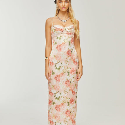 Skye Pink Floral Satin Maxi Dress with Rear Slit and Spaghetti Straps