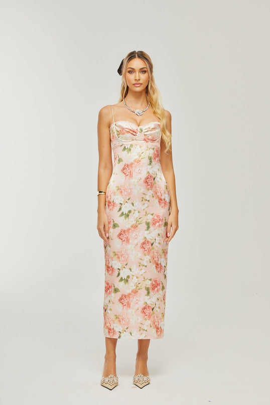 Skye Pink Floral Satin Maxi Dress with Rear Slit and Spaghetti Straps