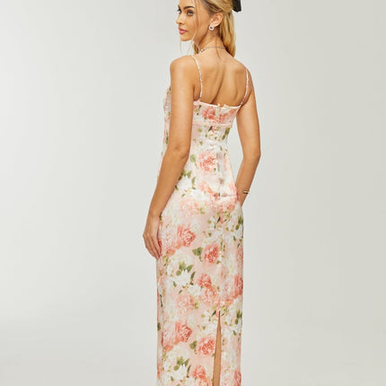 Skye Pink Floral Satin Maxi Dress with Rear Slit and Bustier Style