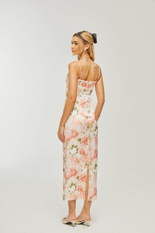 Skye Pink Floral Satin Maxi Dress with Rear Slit and Bustier Style