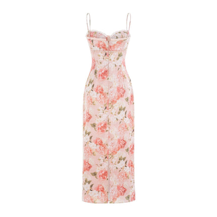 Skye Pink Floral Satin Maxi Dress with Spaghetti Straps and Rear Slit