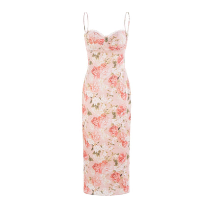 Skye Pink Floral Satin Maxi Dress with Rear Slit and Bustier Style