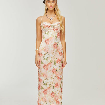 Skye Pink Floral Satin Maxi Dress with Spaghetti Straps and Rear Slit