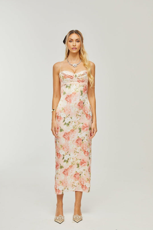 Skye Pink Floral Satin Maxi Dress with Spaghetti Straps and Rear Slit
