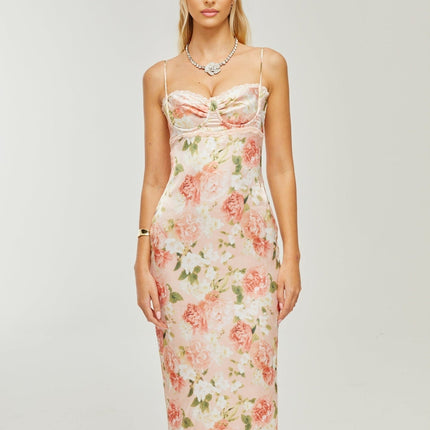 Skye Pink Floral Satin Maxi Dress with Spaghetti Straps and Rear Slit