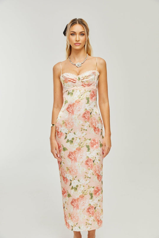 Skye Pink Floral Satin Maxi Dress with Spaghetti Straps and Rear Slit