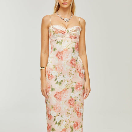 Skye Pink Floral Satin Maxi Dress with Spaghetti Straps and Rear Slit