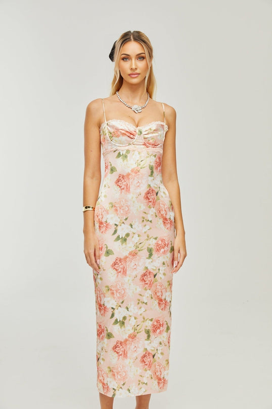 Skye Pink Floral Satin Maxi Dress with Spaghetti Straps and Rear Slit