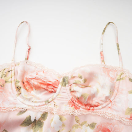 Skye Pink Floral Satin Maxi Dress with Rear Slit and Bustier Style