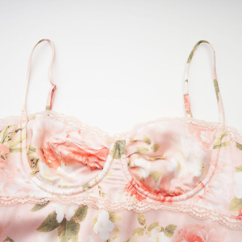 Skye Pink Floral Satin Maxi Dress with Rear Slit and Bustier Style