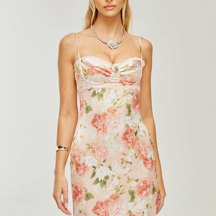 Skye Pink Floral Satin Maxi Dress with Rear Slit and Spaghetti Straps