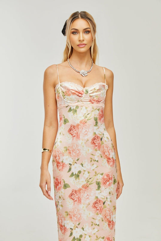 Skye Pink Floral Satin Maxi Dress with Rear Slit and Spaghetti Straps