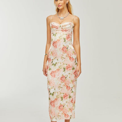 Skye Pink Floral Satin Maxi Dress with Spaghetti Straps and Rear Slit