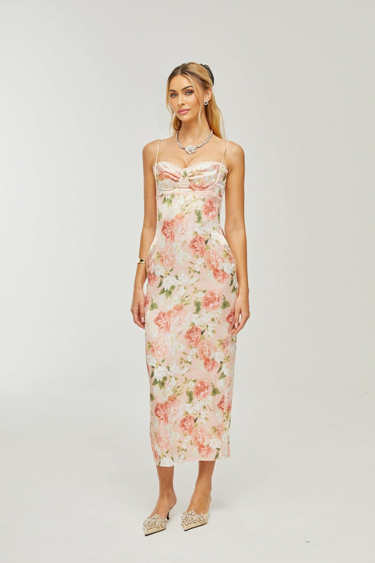 Skye Pink Floral Satin Maxi Dress with Spaghetti Straps and Rear Slit