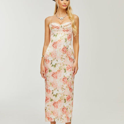 Skye Pink Floral Satin Maxi Dress with Rear Slit and Bustier Style