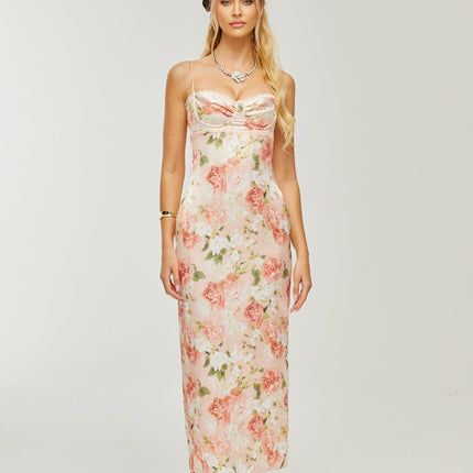 Skye Pink Floral Satin Maxi Dress with Rear Slit and Bustier Style
