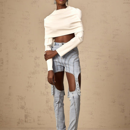 Skye White Cropped Top with Long Sleeves and Cowl Neck